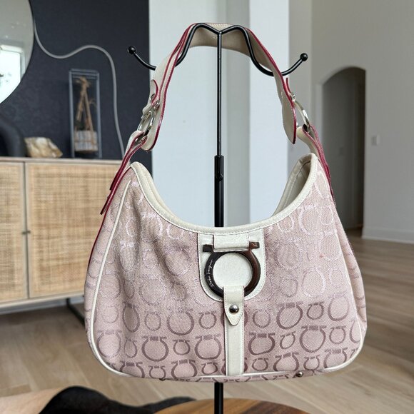 Salvatore Ferragamo Gancini Pink Canvas Shoulder Bag - Picture 1 of 9